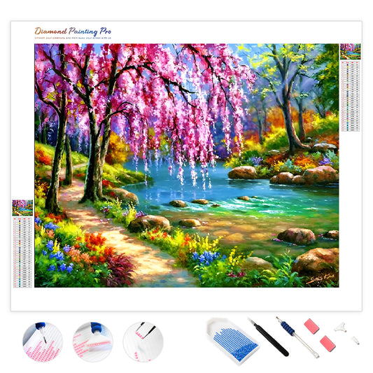 Cherry Blossom Tree Near River | Diamond Painting
