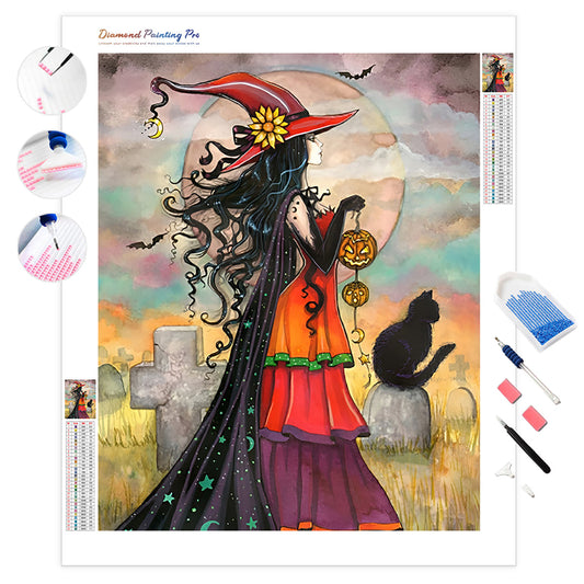 Witch Carrying A Pumpkin Lantern | Diamond Painting